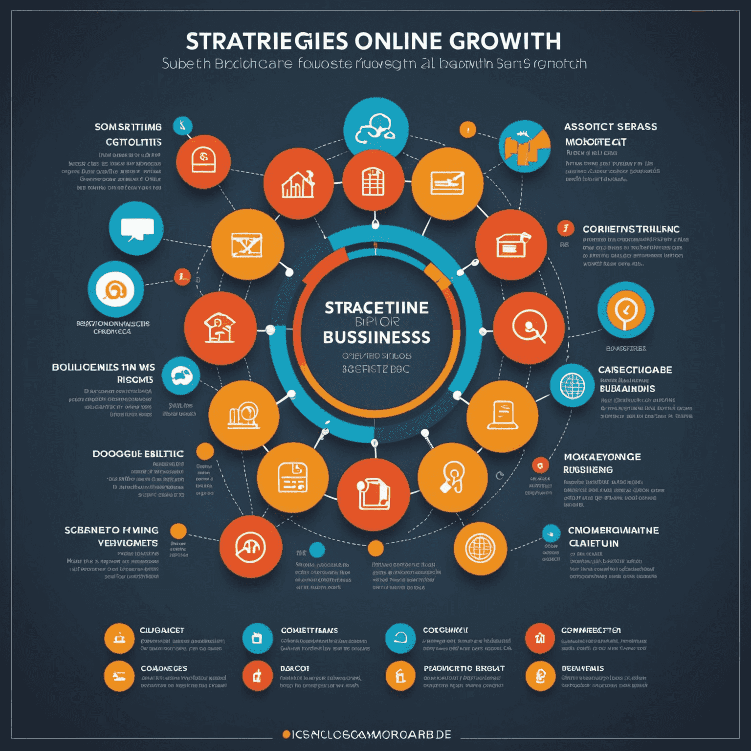 Çevrimiçi iş büyümesi için stratejiler gösteren bir infografik - pazarlama, müşteri hizmetleri, ürün geliştirme ve analitik gibi alanları vurgulayan