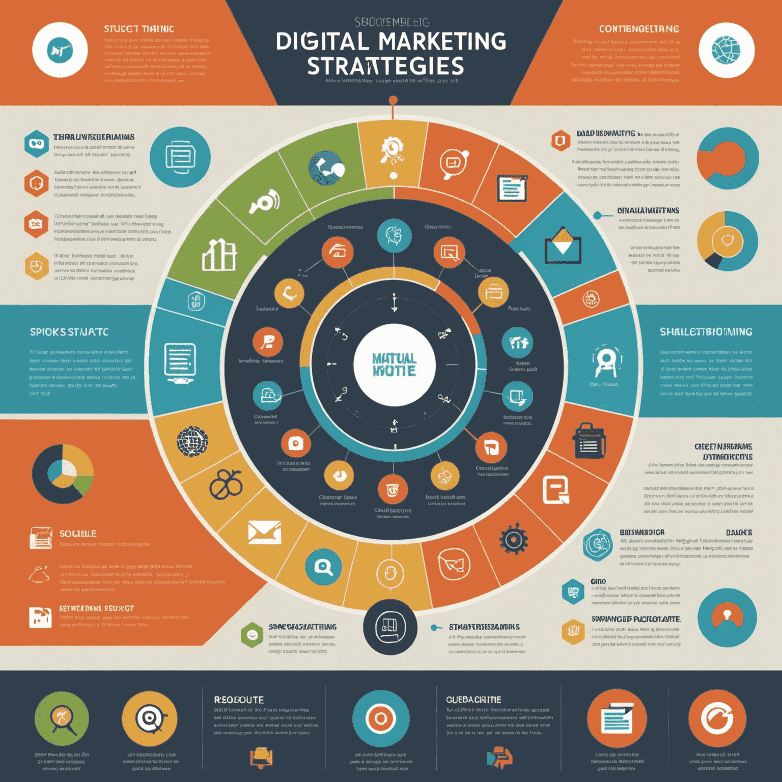 Dijital pazarlama stratejilerini gösteren bir infografik - SEO, PPC, sosyal medya pazarlaması, e-posta pazarlaması ve web sitesi optimizasyonu dahil